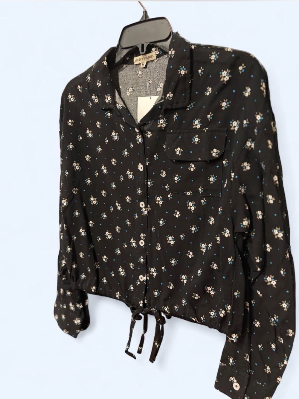Black Floral Button-Front Drawstring Blouse